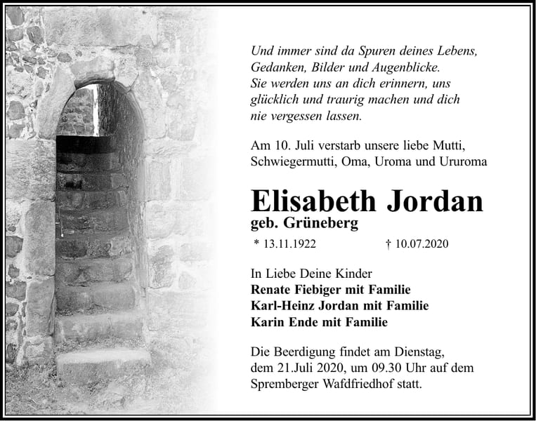 Traueranzeige Elisabeth Jordan, geb. Grüneberg