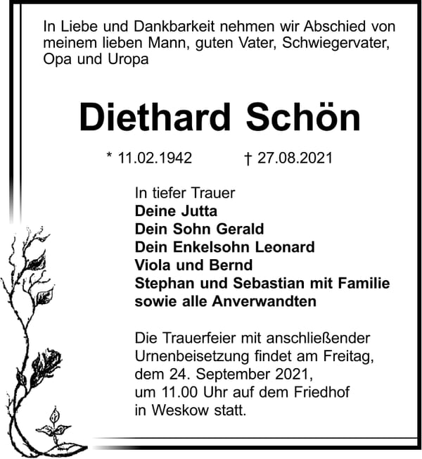 Traueranzeige Diethard Schön