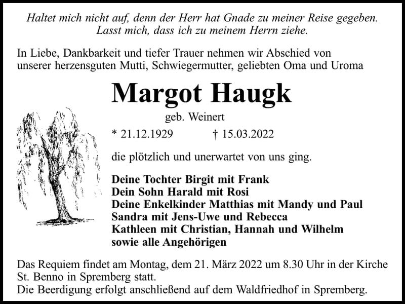 Traueranzeige Margot Haugk, geb. Weinert