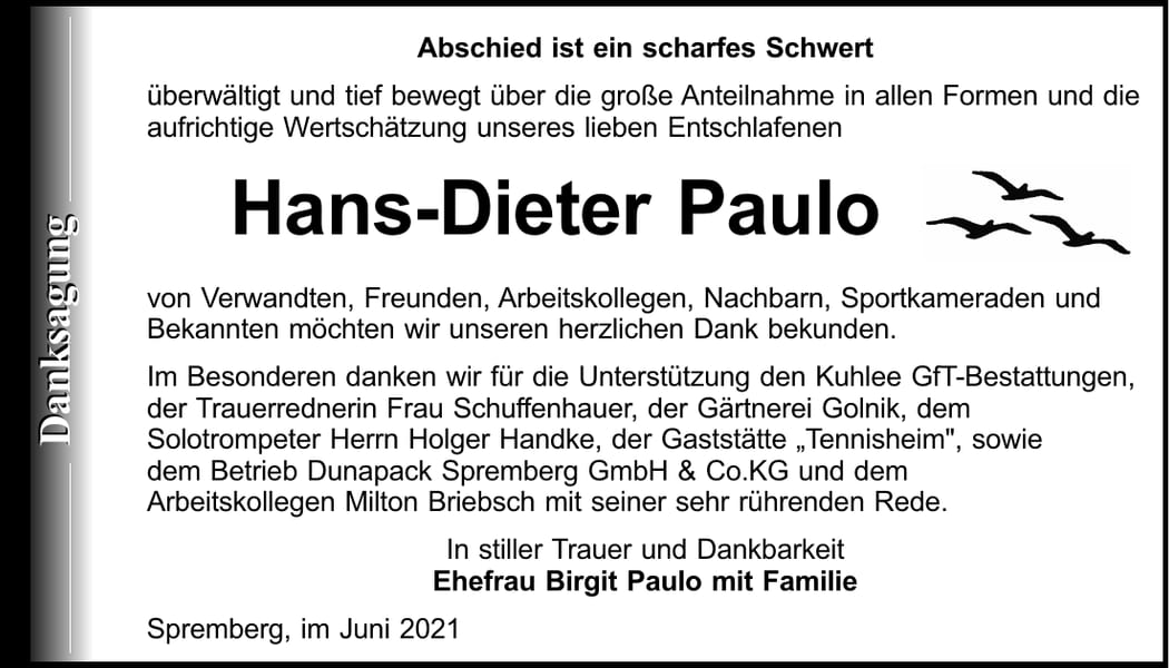 Danksagung Hans-Dieter Paulo