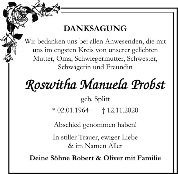 Danksagung Roswitha Manuela Probst, geb. Splitt