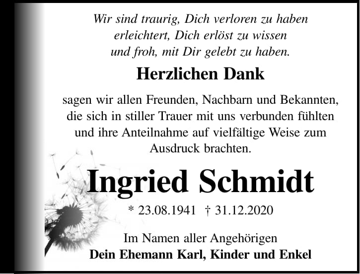 Danksagung Ingried Schmidt
