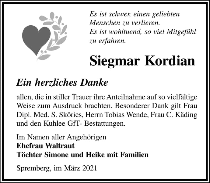 Danksagung Siegmar Kordian