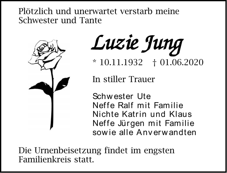 Traueranzeige Luzie Jung