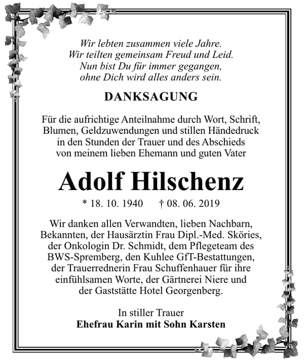 Danksagung Adolf Hilschenz