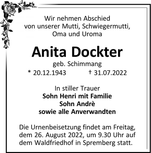 Traueranzeige Anita Dockter, geb. Schimmang
