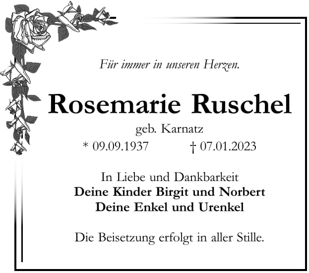 Traueranzeige Rosemarie Ruschel, geb. Karnatz