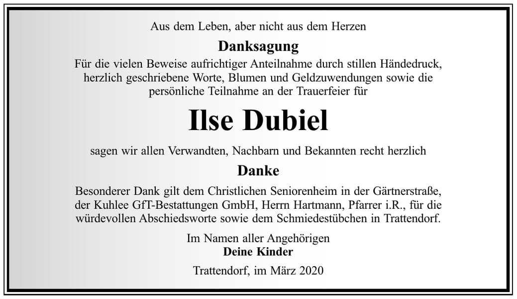Danksagung Ilse Dubiel