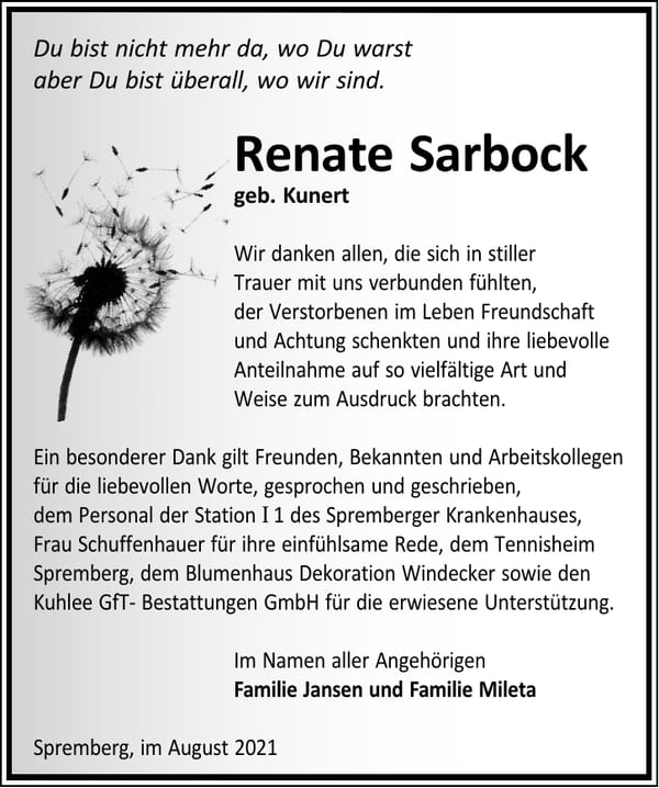 Danksagung Renate Sarbock, geb. Kunert