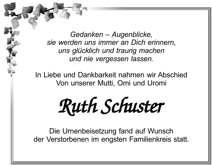 Traueranzeige Ruth Schuster