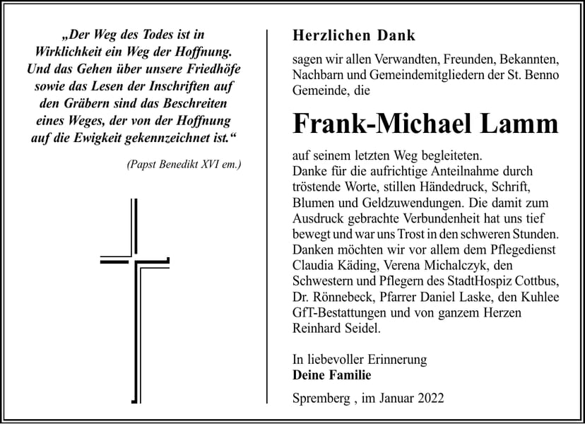 Danksagung Frank-Michael Lamm