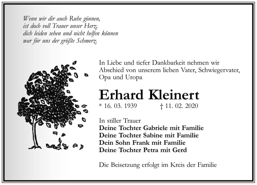 Traueranzeige Erhard Kleinert