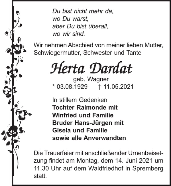 Traueranzeige Herta Dardat, geb. Wagner