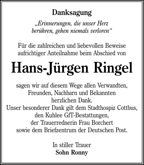 Danksagung Hans-Jürgen Ringel