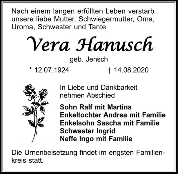 Traueranzeige Vera Hanusch, geb. Jensch