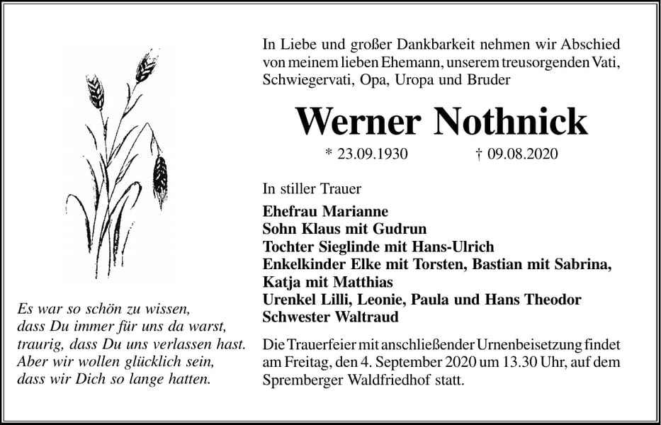 Traueranzeige Werner Nothnick