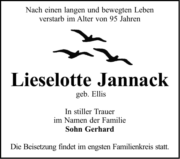 Traueranzeige Lieselotte Jannack, geb. Ellis