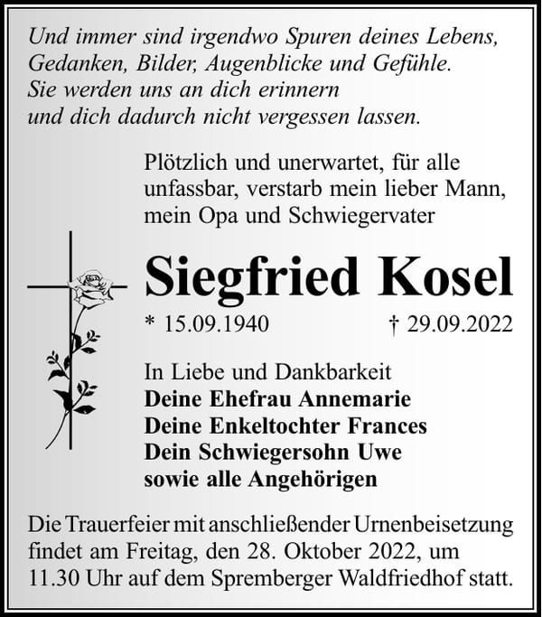 Traueranzeige Siegfried Kosel