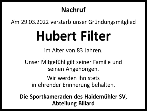 Nachruf Hubert Filter