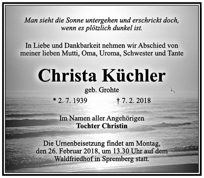 Traueranzeige Christa Küchler, geb. Grohte