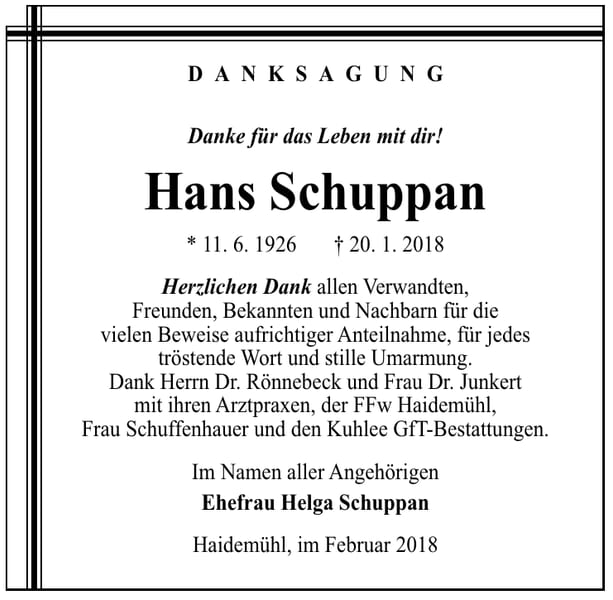 Danksagung Hans Schuppan