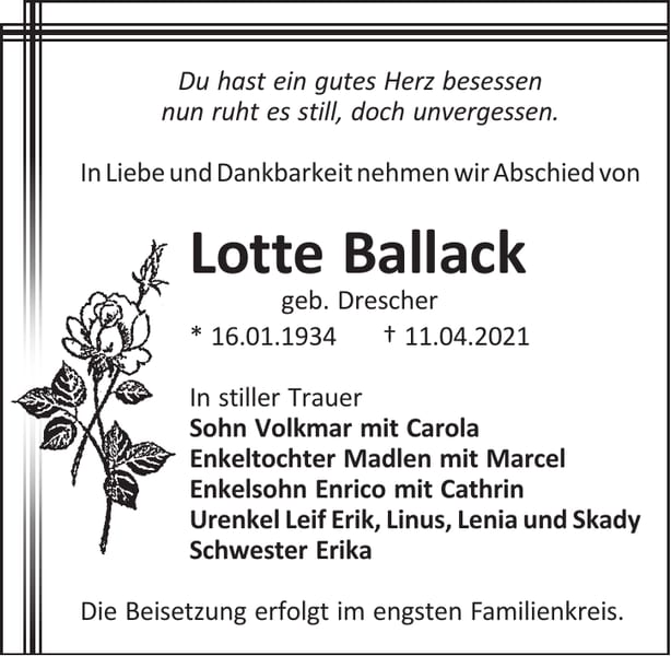 Traueranzeige Lotte Ballack, geb. Drescher