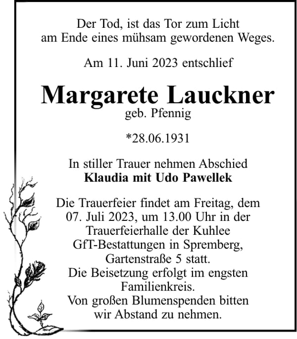 Traueranzeige Margarete Lauckner, geb. Pfennig
