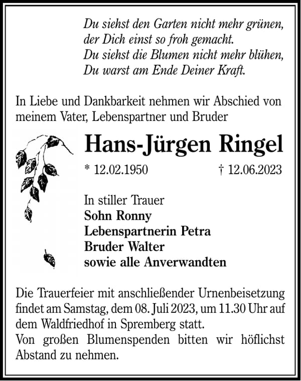 Traueranzeige Hans-Jürgen Ringel