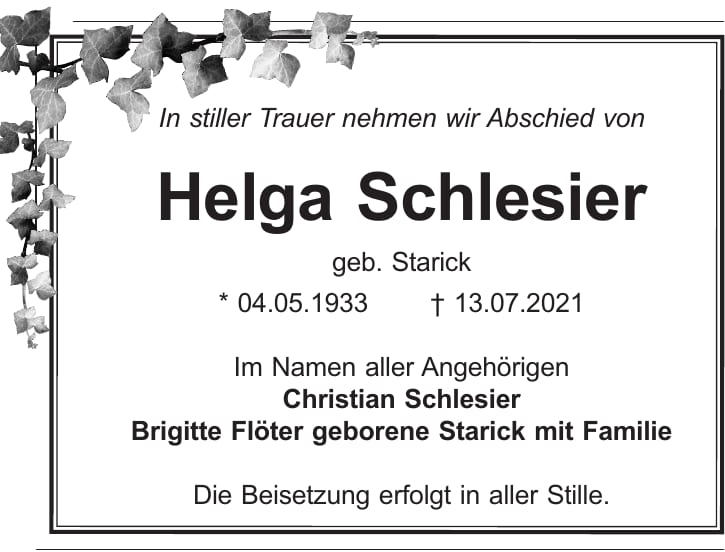 Traueranzeige Helga Schlesier, geb. Starick
