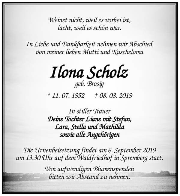 Traueranzeige Ilona Scholz, geb. Brosig