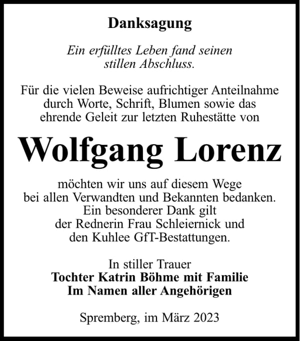 Danksagung Wolfgang Lorenz