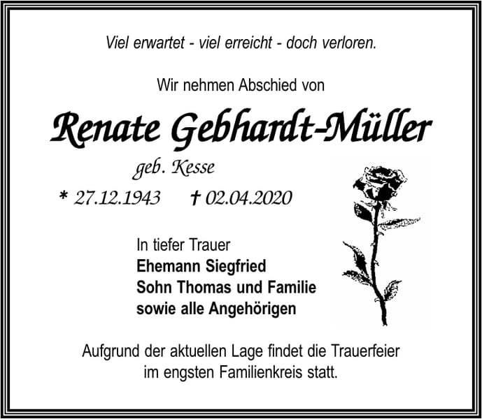 Traueranzeige Renate Gebhardt-Müller, geb. Kesse