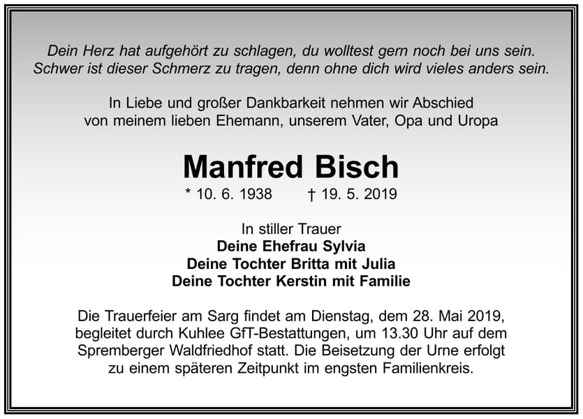 Traueranzeige Manfred Bisch