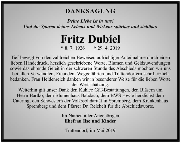 Danksagung Fritz Dubiel