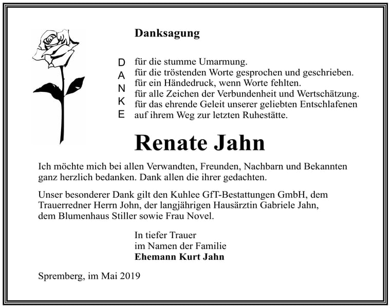 Danksagung Renate Jahn