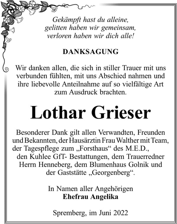 Danksagung Lothar Grieser