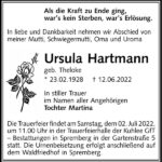 Traueranzeige Ursula Hartmann, geb. Theloke