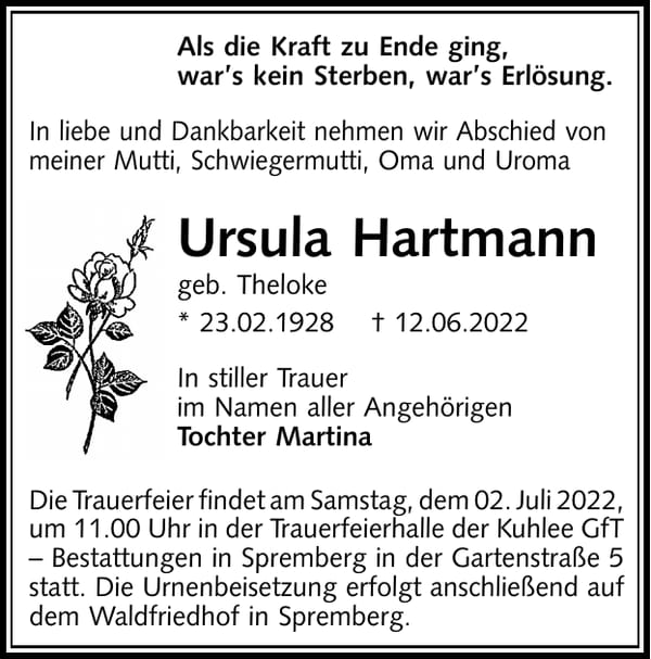 Traueranzeige Ursula Hartmann, geb. Theloke