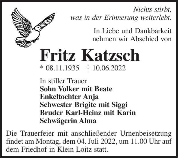 Traueranzeige Fritz Katzsch