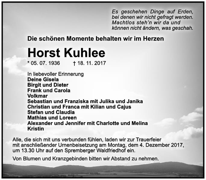 Traueranzeige Horst Kuhlee