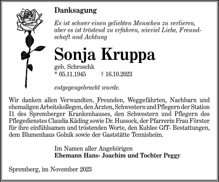Danksagung Sonja Kruppa, geb. Schroschk