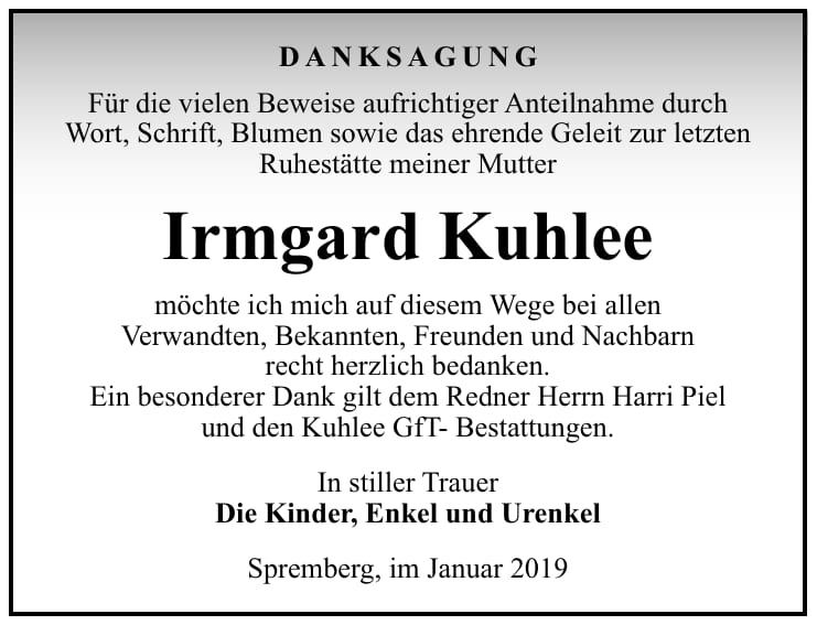 Traueranzeige Irmgard Kuhlee