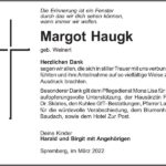 Danksagung Margot Haugk, geb. Weinert