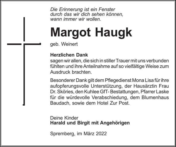 Danksagung Margot Haugk, geb. Weinert