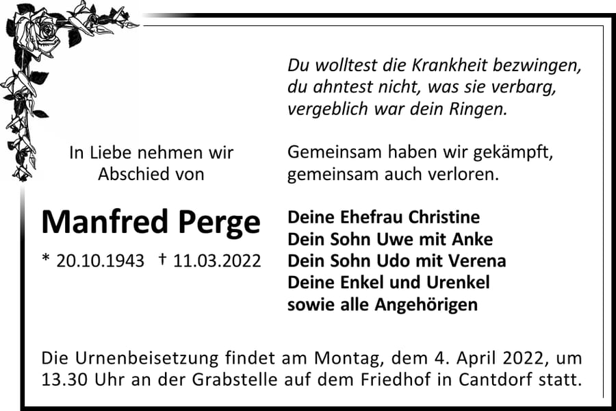 Traueranzeige Manfred Perge