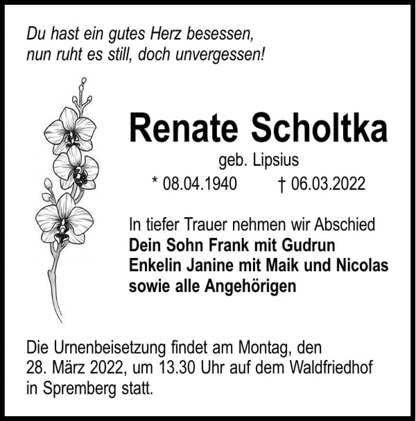 Traueranzeige Renate Scholtka, geb. Lipsius