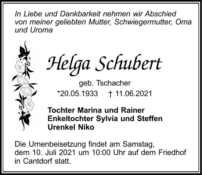 Traueranzeige Helga Schubert, geb. Tschacher