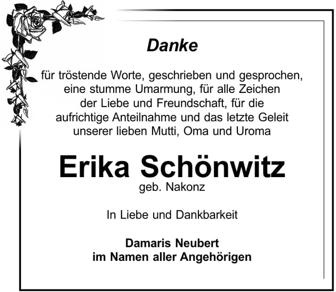 Danksagung Erika Schönwitz, geb. Nakonz