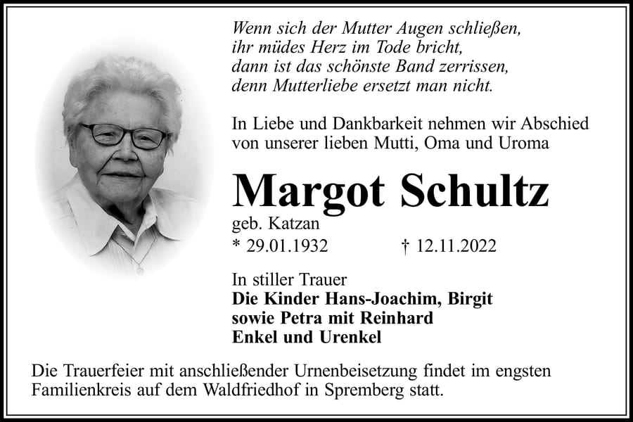 Traueranzeige Margot Schultz, geb. Katzan