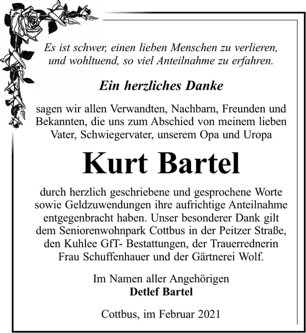 Danksagung Kurt Bartel